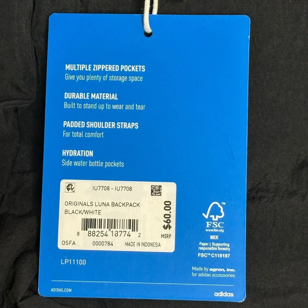 Adidas‎ Originals Luna Backpack Black Nylon Padded Straps Travel Unisex NEW
